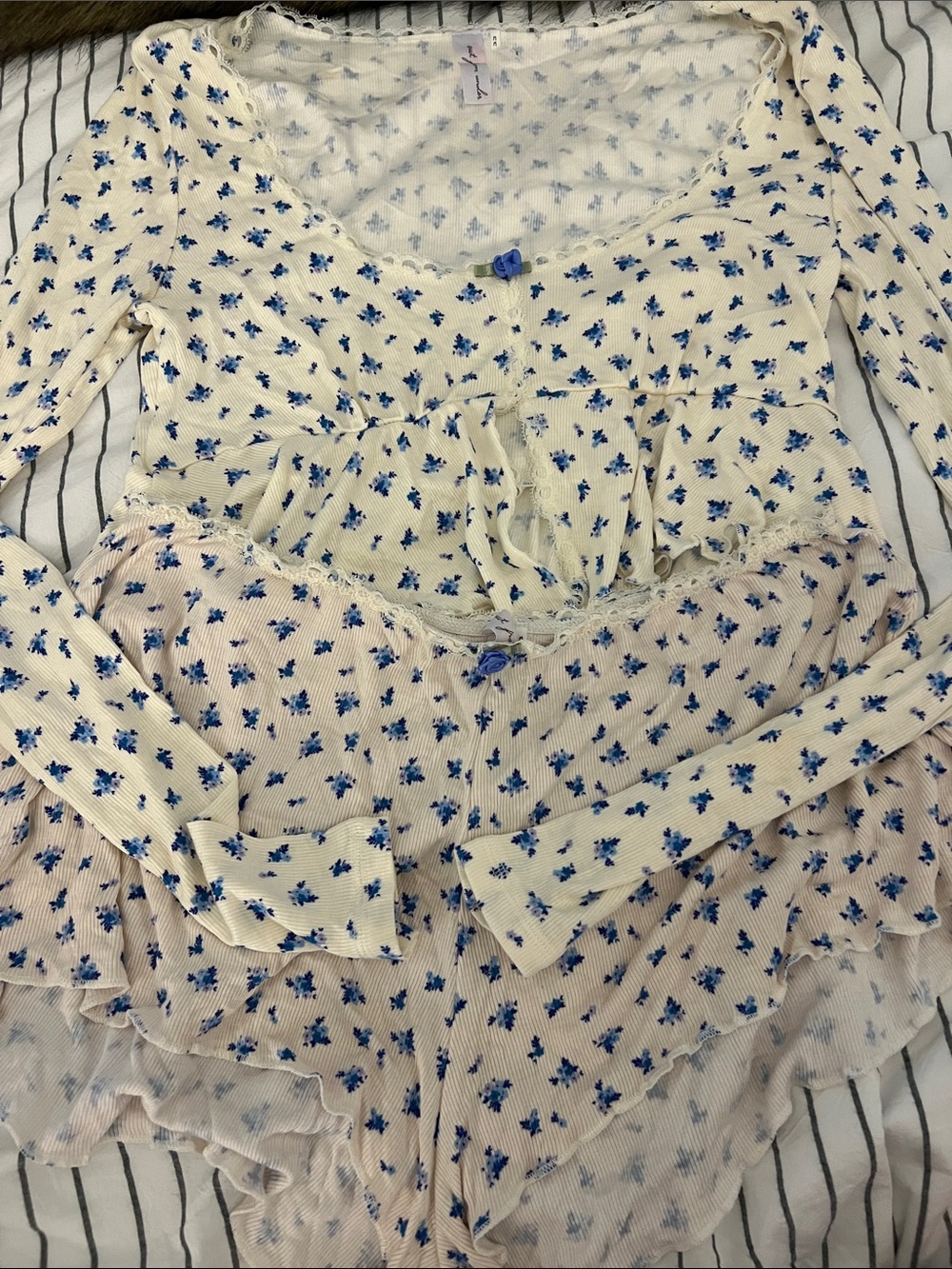 Urban Outfitters Cream Ribbed Floral Long-Sleeve Pajama Set with Blue Blossoms